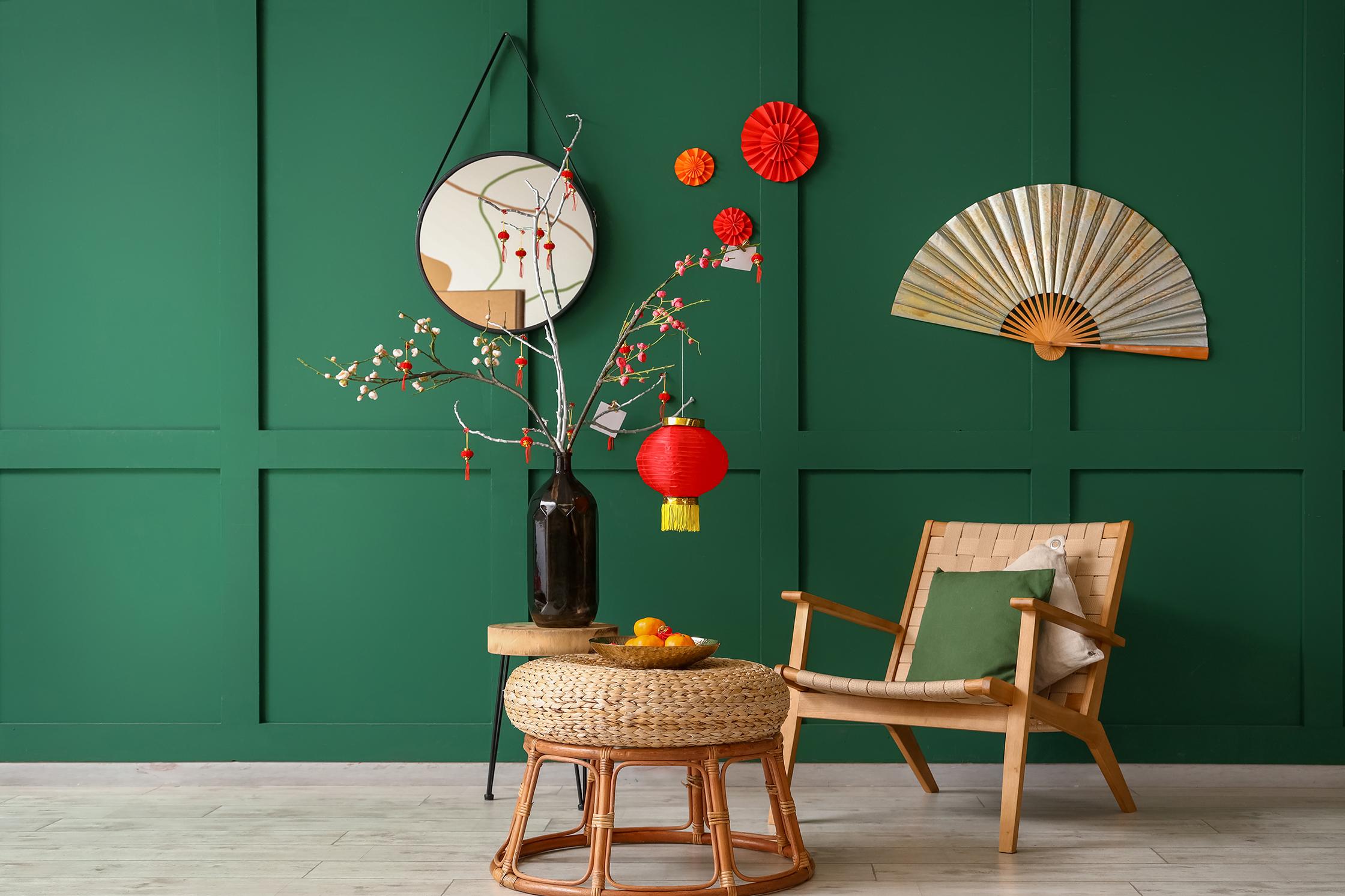 Interior of modern room decorated for Chinese New Year celebrati